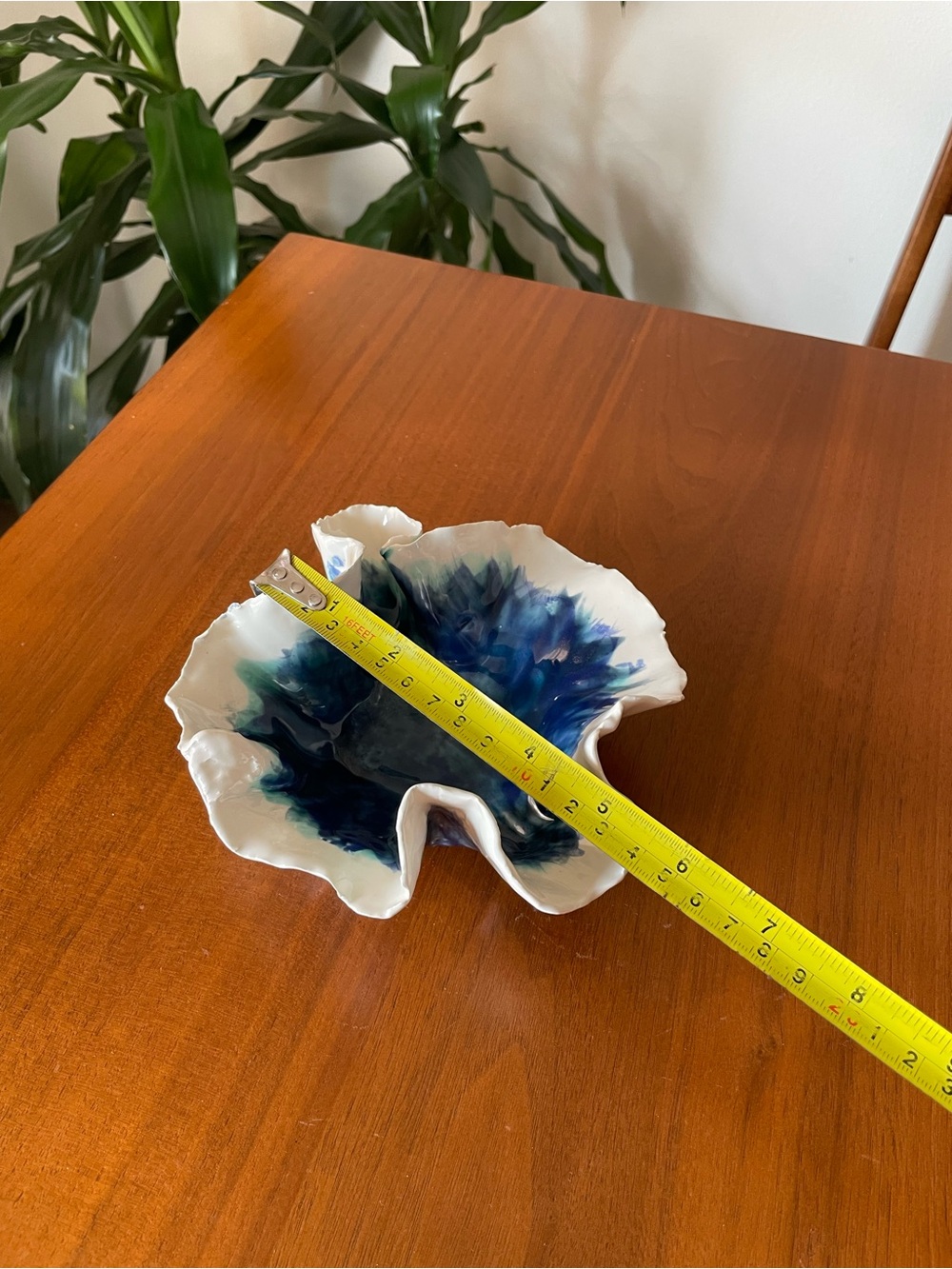 White Ceramic Decorative/ Ring Bowl with Blue Abstract Glaze - Picture 5 of 6